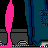 Pixelated image of two characters with text reading "I Adam love Boston" in pink on dark background.
