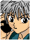 Pixelated anime-style character with gray hair and black eyes, wearing a teal top, holding hands near the face in two