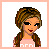 Pixel art contact sheet of a female character in pink top and blue skirt across six frames showing different poses, expressions, and text elements.
