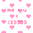 Pixelated pink hearts and text 'me + u = <3333' repeat across a white background in a static pattern.