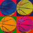 Four basketballs in blue, yellow, orange, and purple arranged on a red background with green displaying text