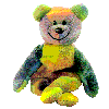 A small, pixelated teddy bear with green ears and yellow body sits in a of identical copies, each showing different arm positions