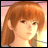 Pixelated anime-style character with light brown hair in a side ponytail, facing left against a soft pink and yellow gradient background.