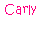 Pixelated pink 'Carly' text with small pink hearts above black 'cheerios' text, plus a yellow Cheerios box image on white background.