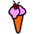 Pixelated ice cream cone with two pink scoops, a red cherry on top, and an orange cone outlined in black.