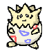 Pixelated character with cracked eggshell body, yellow crown-like top, blue and red patterns, and two expressions showing closed eyes and open mouth.