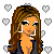 Pixel art of a woman with long brown hair, wearing a dark top and white pants, holding a black handbag against a heart-patterned background.