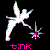 Pixelated white figure in dynamic pose with outstretched limbs, holding a star-shaped object against black background; pink text below reads 'tink'.