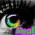 A close-up of a stylized eye with rainbow-colored iris, black eyelashes, and a white sclera, overlaid with the text "MegE" in different colored backgrounds.