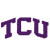 Purple blocky letters 'TCU' on white background with pixelated edges and slight purple halo effect.