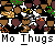 Pixelated animation of a character with white hair and dark clothing holding a golden object, repeated across a with text "Mo Thugs" below
