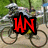 A pixelated image of a person riding a bicycle with red text overlay changing from 'IAN' to '836'.