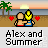Pixel art beach scene with two figures embracing, palm trees, sunset sky, and red hearts; text "Alex and Summer" below.