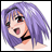 Pixelated anime-style character with purple hair and red eyes, mouth open in a shout, wearing a black choker against a white background.