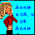 Pixelated image of a person with blonde hair wearing red top and dark pants against bright blue background, text reads 'Annie ok, u ok Annie.'