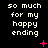 Black background with repeated white pixelated text 'so much for my happy ending' and scattered pink star-like symbols in various states.