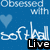 Blue background with repeated light blue hearts and white text 'Obsessed with' and 'softball' in pixelated font, overlaid with black text boxes containing 'Live', 'Laugh', 'Love', 'Play', 'Softball', and '<3<3<3'.