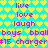A static pixel art image with a cyan background covered in yellow heart shapes, featuring repeated pink text phrases.
