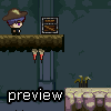 Pixel art character with purple hair and brown hat stands on platform above hanging red-and-white objects, next to framed item against dark background.