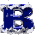 Blue capital letter B with white snow and gray ice textures, arranged in a on light gray background