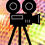 Black video camera icon on tripod with two circular lenses, rectangular body, and three legs against pixelated background of orange, yellow, green, pink hues.
