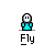 Pixelated character with white face and cyan shirt in multiple poses above 'Fly' text on gray background.
