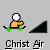 Pixelated character with white head and orange body performing actions on black triangular shapes, labeled 'Christ Air' text below.