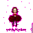 Pixelated figure with brown hair in a red dress and dark leggings, surrounded by pink squares on gray background.