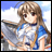 Anime-style character with brown hair and red eyes in blue and white outfit holding a large gray object against a sky background.