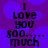 Pixelated text on a purple background with blue circular shapes, displaying "I love you soo... much" in black block letters.