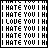 A 48x48 pixel animated contact sheet showing two frames of a text-based buddy icon with alternating "I HATE YOU" and "I LOVE YOU" messages in black and cyan pixels on white background.