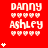 Red background with white text 'DANNY' and 'ASHLEY' repeated in a , surrounded by heart and star symbols