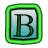 A green-bordered square icon with a large stylized letter B on a blue gradient background, accompanied by scattered pixelated gray letters on the right side of the image.