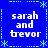 Blue background with cyan decorative borders and four identical text blocks reading 'sarah and trevor' in white pixelated font.