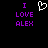 Black background with purple text reading "I LOVE ALEX" on both sides of a white pixelated heart symbol.