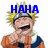 Pixelated anime character with spiky yellow hair and orange outfit, laughing while pointing finger at viewer across four