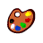 Pixelated brown artist palette with multiple colored paint swatches on a gray background.