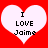 Two identical white heart shapes on a red background, each containing black pixelated text reading "I LOVE Jaime".