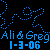 Blue pixelated text and abstract shapes on a black background, featuring 'Ali & Greg' and date '1-3-06' in blocky font.