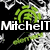 A pixelated image with green circular symbols, white text reading "Mitchell Love's Element," and a black-and-white patterned background.