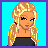 Pixel art contact sheet showing four frames of a female character with blonde pigtails, black crop top, white pants, and blue background text reading "Soccer Gal".