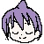 Pixelated anime-style character with purple hair in two states: closed eyes and open eyes showing purple pupils with white highlights.