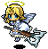 Pixel art angel with blonde hair, blue eyes, and a yellow halo holding a sword on a gray background.