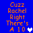 Blue background with orange pixelated text reading "Cuzz Rachel Right There's A 10" and a white heart symbol, displayed in two side-by-side