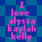 Pixelated text in pink reads "I love alyssa kaylah kelly" on a blue and teal checkered background with a star pattern.