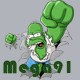 Green cartoon character with red eyes and blue pants in various poses, including raised fists and open arms, over gray background.