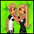 Animated contact sheet of a pixel art buddy icon featuring two cartoon characters and text phrases on green backgrounds, with frame-to-frame variations in text color and character pose.