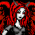 Pixel art contact sheet showing a red-haired female character with horns in multiple poses against black background, including text box reading "Bad Girl" with devil emojis.
