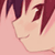 Pixelated close-up of a character's face with dark red hair and closed eyes, rendered in soft pink tones on a light background.
