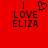 Red background with black pixelated text reading "I LOVE ELIZA" and a pixelated heart symbol replacing the 'O' in LOVE on the left side.